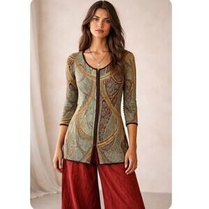 Peruvian Connection Pima Cotton Zip Cardigan Paisley Boho Print Sweater Medium